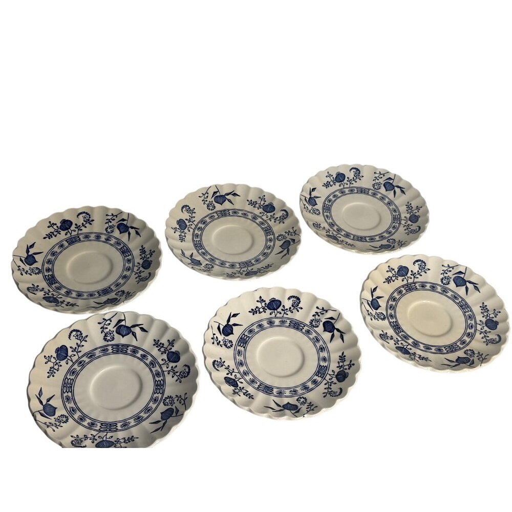 VTG J and G Meakin Classic White Blue Nordic Round Saucers Blue Onion Set 6